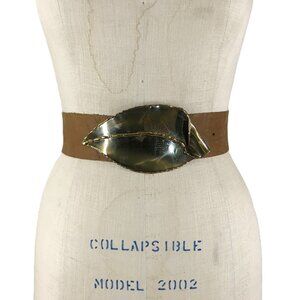 Vintage 80s Belt Artisan Hand crafted Brutalist Buckle tan leather